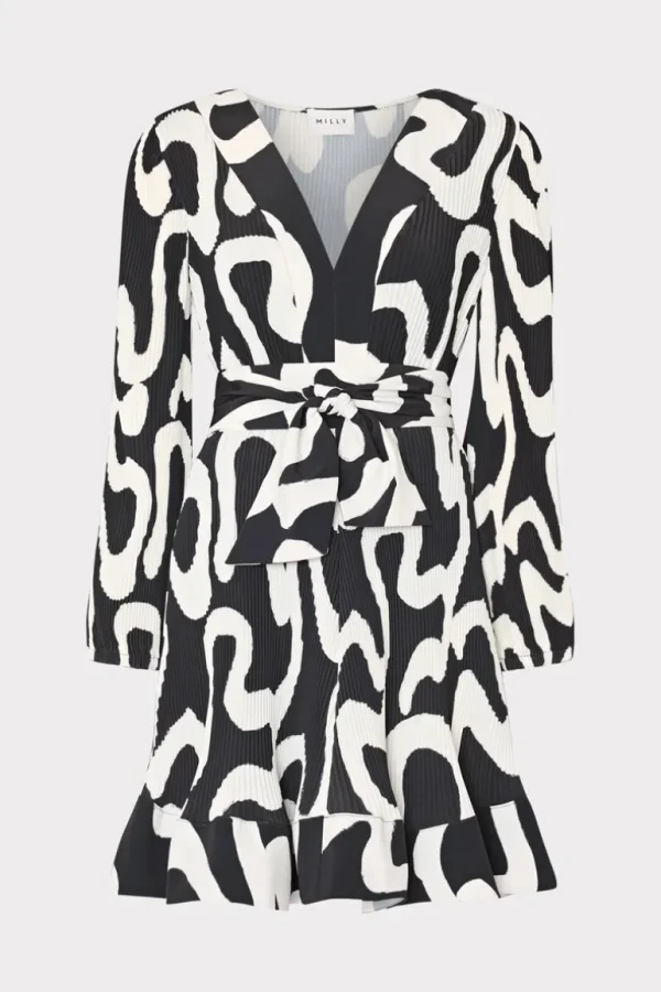 Online MILLY Liv Ink Swirl Pleated Dress Black/White