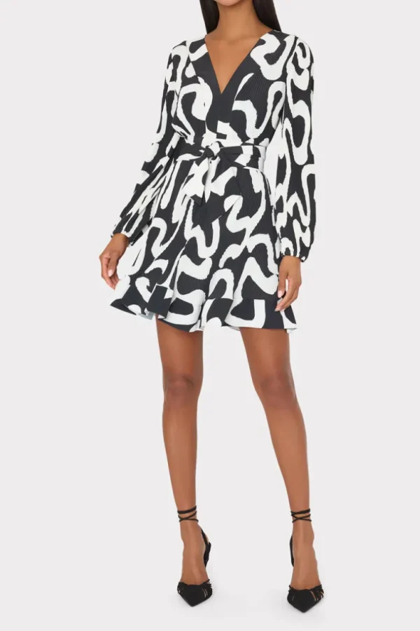 Online MILLY Liv Ink Swirl Pleated Dress Black/White