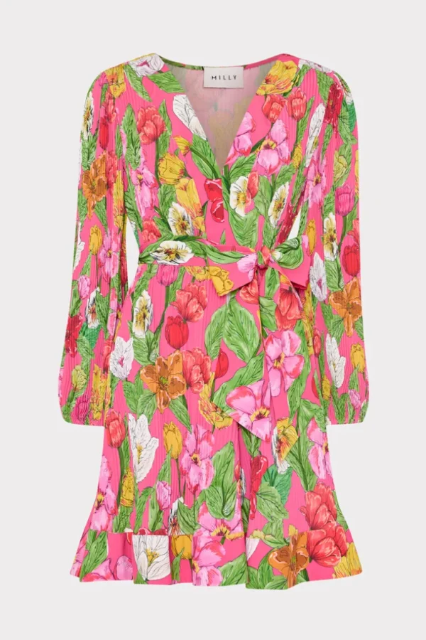 Discount MILLY Liv Tulip Rosette Pleated Dress Pink Multi