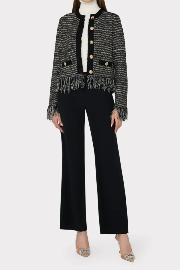 Store MILLY Metallic Textured Fringe Cardigan Black Gold Multi