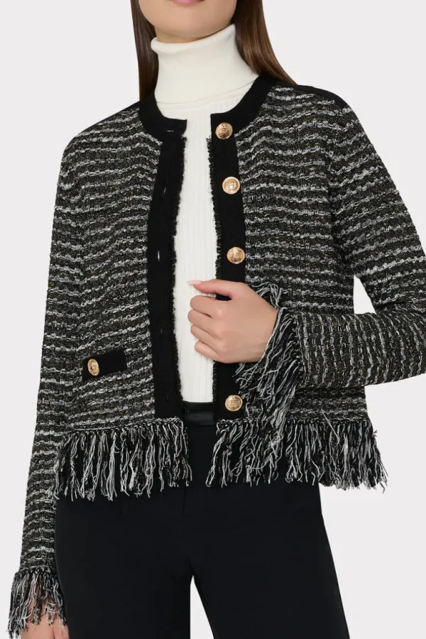 Store MILLY Metallic Textured Fringe Cardigan Black Gold Multi