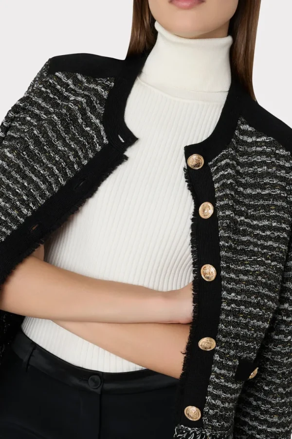 Store MILLY Metallic Textured Fringe Cardigan Black Gold Multi
