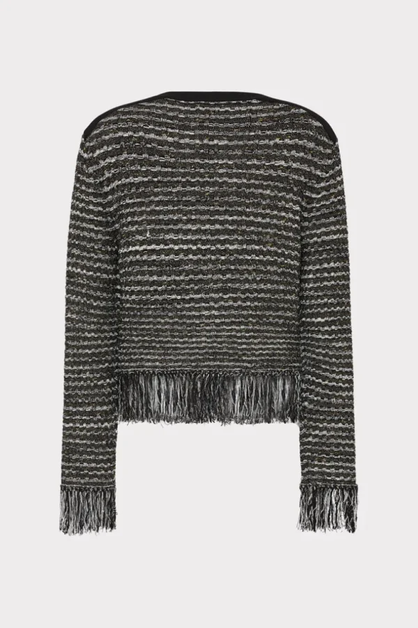 Store MILLY Metallic Textured Fringe Cardigan Black Gold Multi