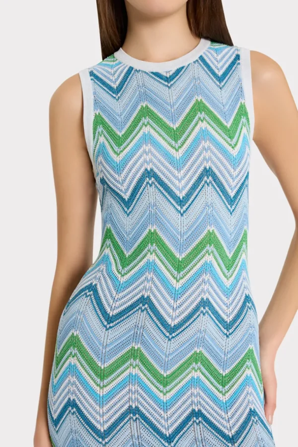 Cheap MILLY Multi Zig Zag Sleeveless Midi Dress Blue Multi