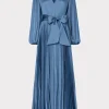 Clearance MILLY Nadie Pleated Satin Maxi Dress Stone