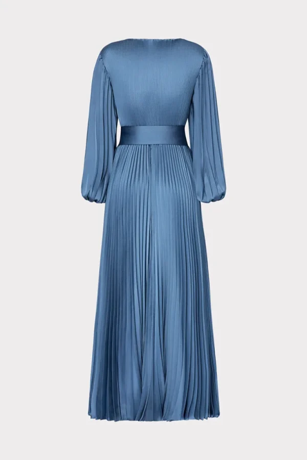 Clearance MILLY Nadie Pleated Satin Maxi Dress Stone