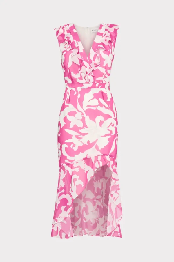 Discount MILLY Nanci Lily Silhouette Ruffle Dress Pink/Ecru