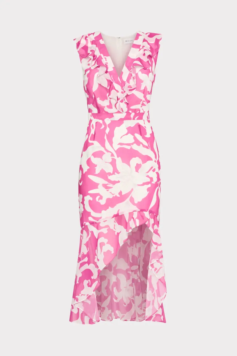 nanci_lily_silhouette_ruf_0.webp Discount MILLY Nanci Lily Silhouette Ruffle Dress Pink/Ecru