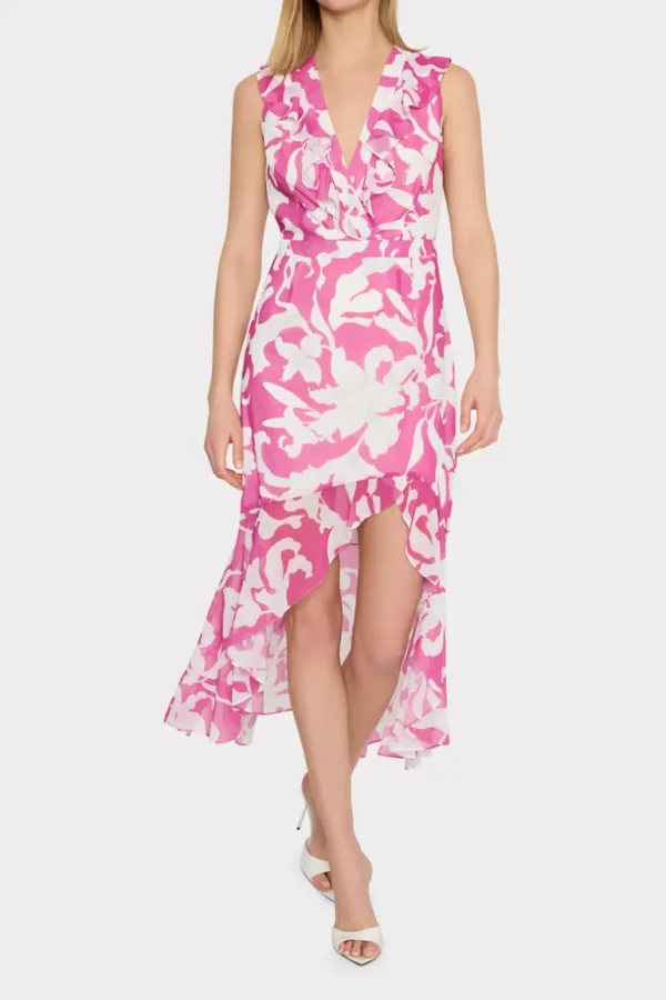 Discount MILLY Nanci Lily Silhouette Ruffle Dress Pink/Ecru
