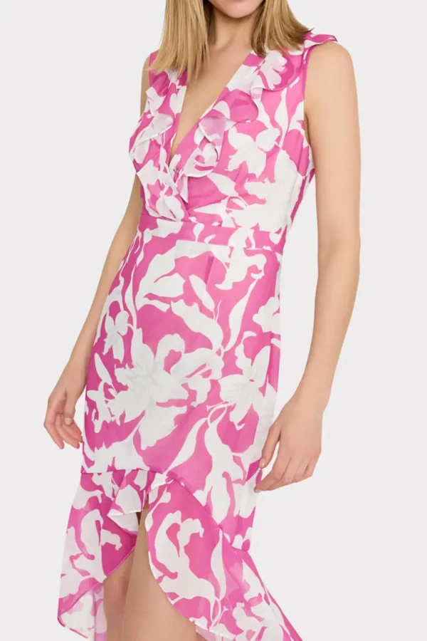 Discount MILLY Nanci Lily Silhouette Ruffle Dress Pink/Ecru