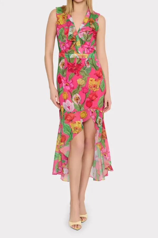 Store MILLY Nanci Tulip Rosette Ruffle Dress Pink Multi
