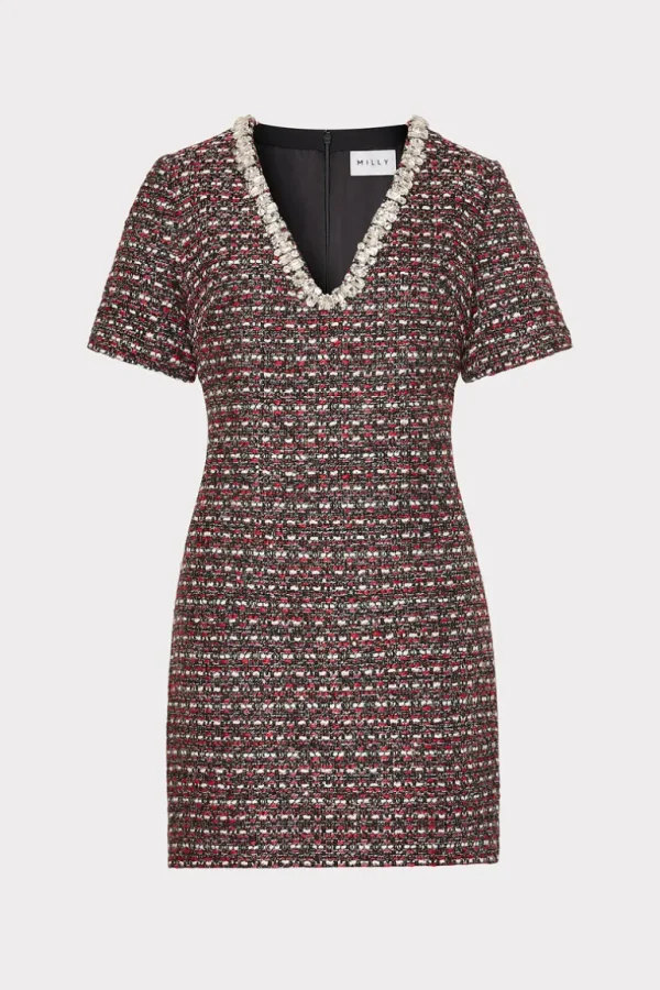 Discount MILLY Nyah Tweed Crystal Embellished Mini Dress Scarlet Multi