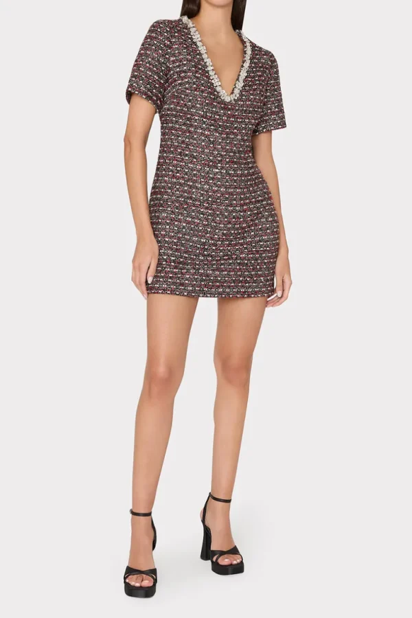 Discount MILLY Nyah Tweed Crystal Embellished Mini Dress Scarlet Multi