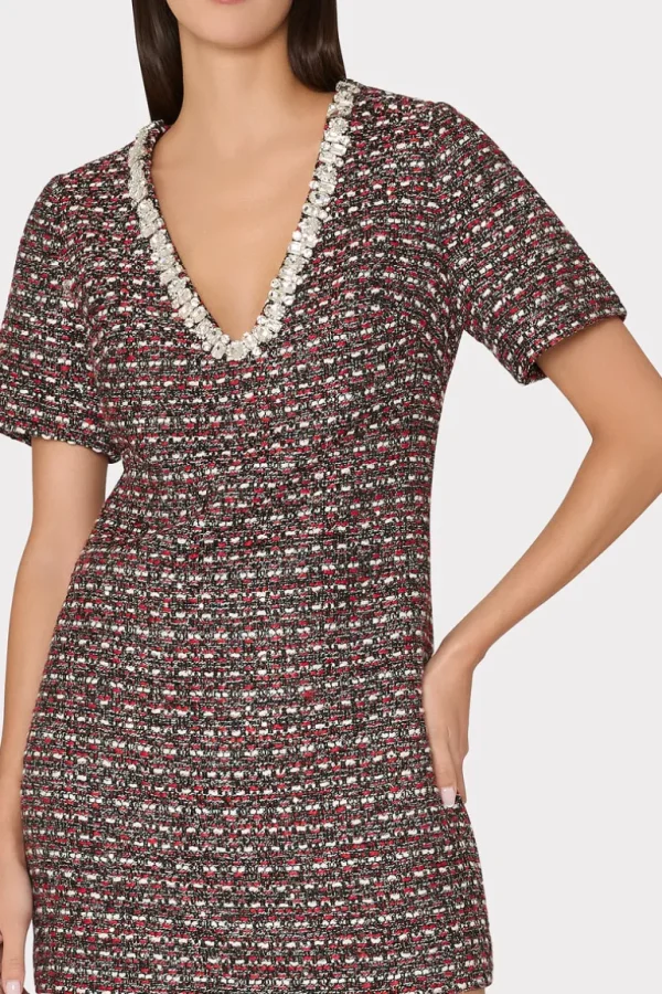 Discount MILLY Nyah Tweed Crystal Embellished Mini Dress Scarlet Multi