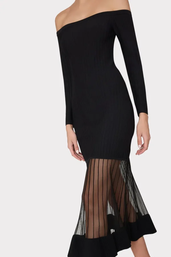 Hot MILLY Off The Shoulder Sheer Knit Mini Dress Black