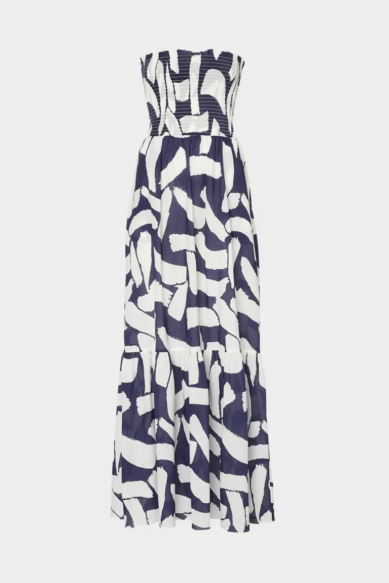 olen_graphic_brushstroke__0.webp Best Sale MILLY Olen Graphic Brushstroke Strapless Maxi Dress Navy/Ecru