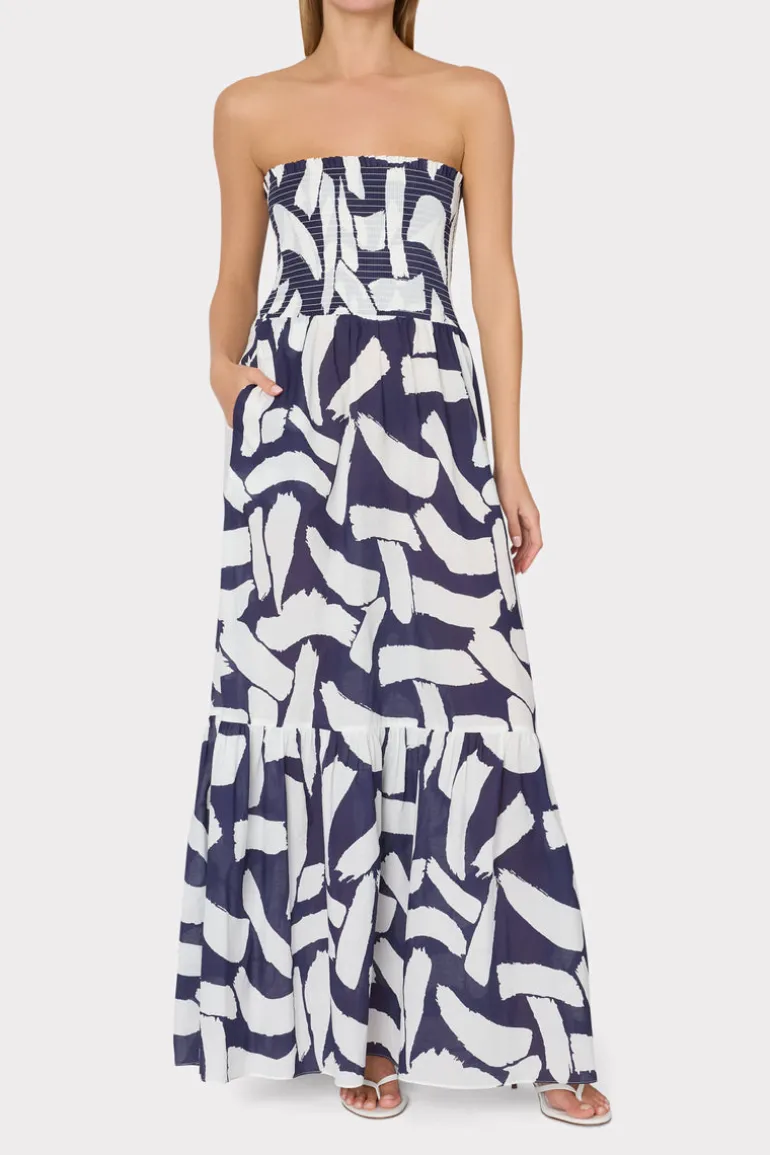 olen_graphic_brushstroke__1.webp Best Sale MILLY Olen Graphic Brushstroke Strapless Maxi Dress Navy/Ecru