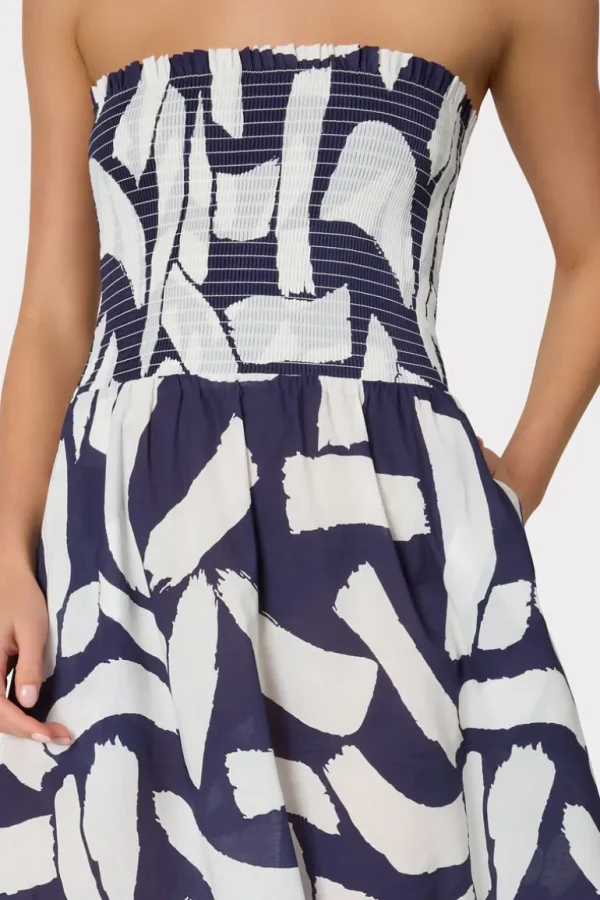 Best Sale MILLY Olen Graphic Brushstroke Strapless Maxi Dress Navy/Ecru
