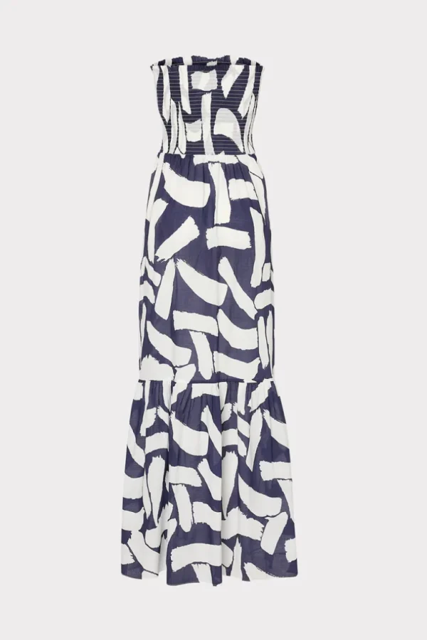 Best Sale MILLY Olen Graphic Brushstroke Strapless Maxi Dress Navy/Ecru