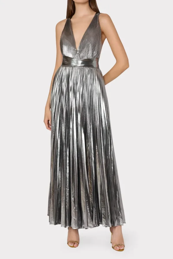 Flash Sale MILLY Oria Pleated Lamé Dress Silver
