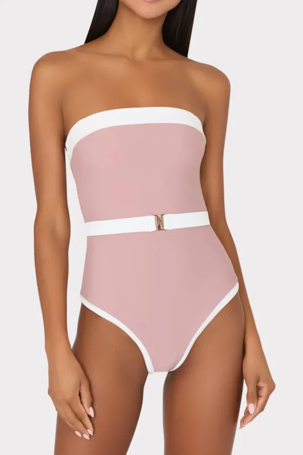 Clearance MILLY Ravello Strapless Color Block One Piece Beige/White