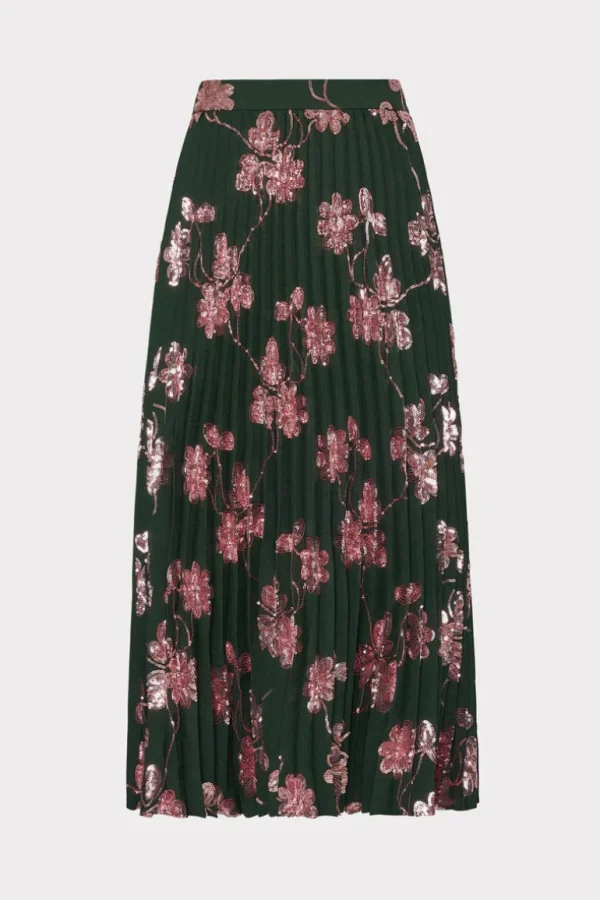 Hot MILLY Rayla Pleated Floral Sequins Skirt Dark Green/Pink