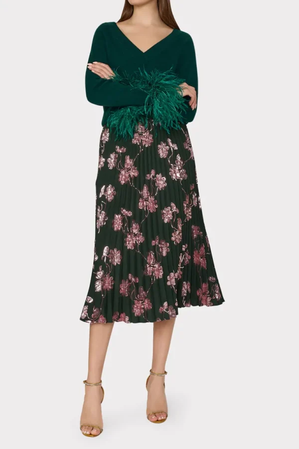 Hot MILLY Rayla Pleated Floral Sequins Skirt Dark Green/Pink