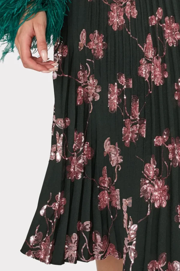 Hot MILLY Rayla Pleated Floral Sequins Skirt Dark Green/Pink