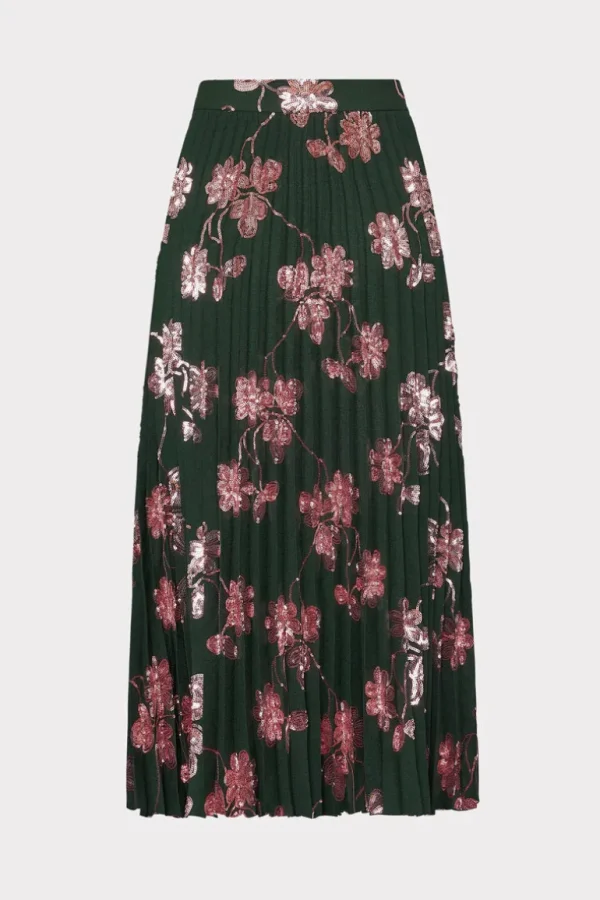 Hot MILLY Rayla Pleated Floral Sequins Skirt Dark Green/Pink