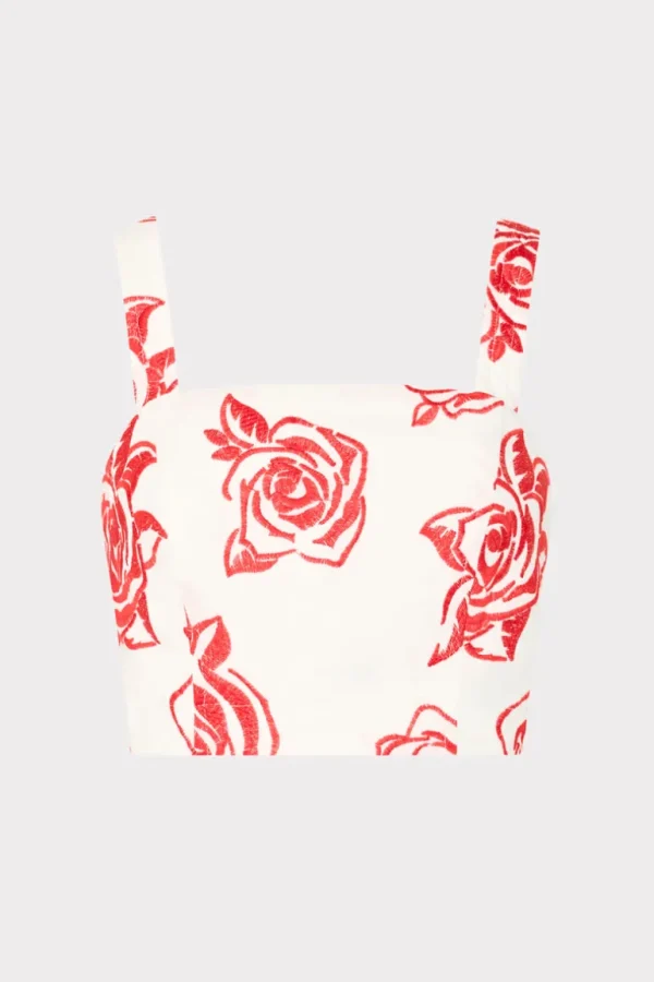Cheap MILLY Rose Embroidery Crop Top Red/White