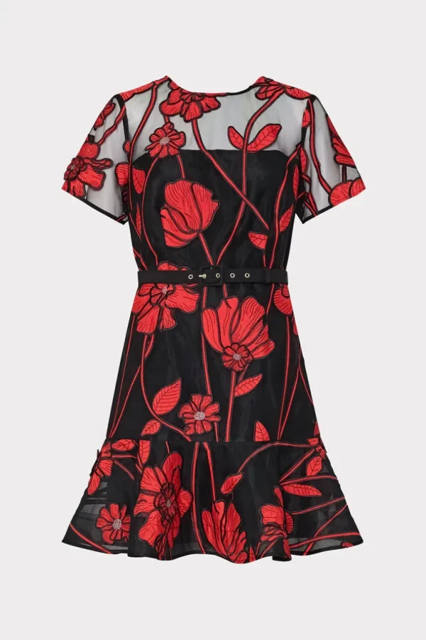 Fashion MILLY Rosie Grand Fleur Embroide Dress Red