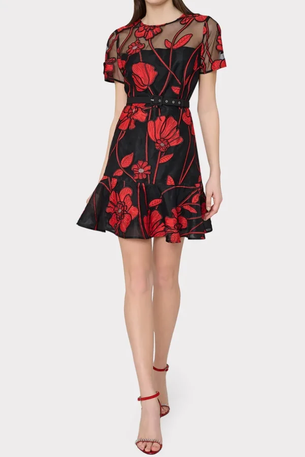Fashion MILLY Rosie Grand Fleur Embroide Dress Red