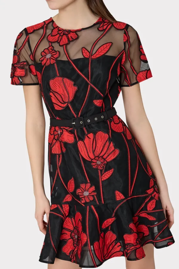 Fashion MILLY Rosie Grand Fleur Embroide Dress Red