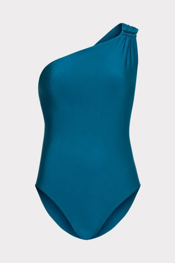 Best MILLY Sam Gloss One Shoulder One Piece Dark Teal