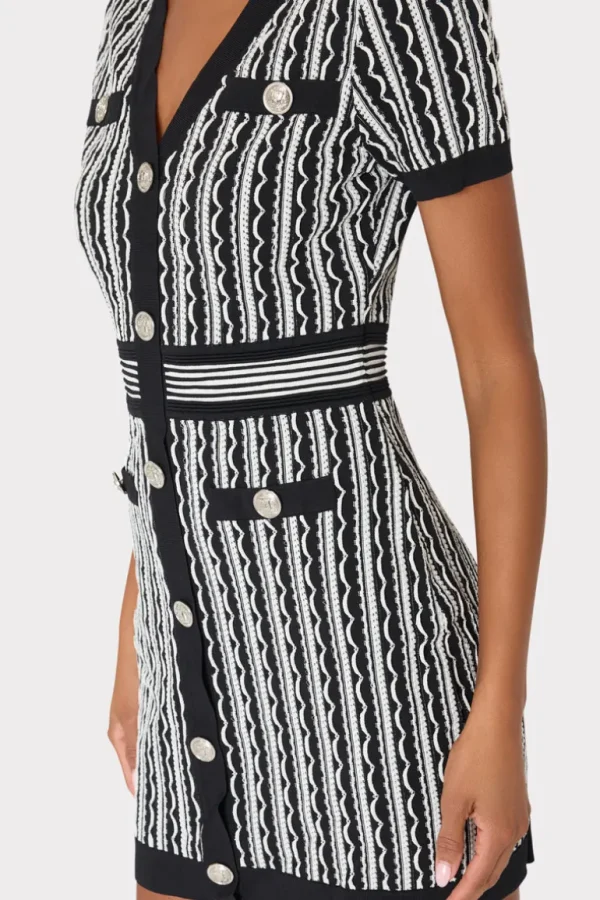Best MILLY Scallop Textured V-Neck Knit Mini Dress Black Multi