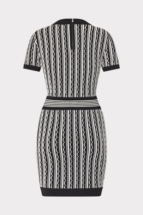 Best MILLY Scallop Textured V-Neck Knit Mini Dress Black Multi