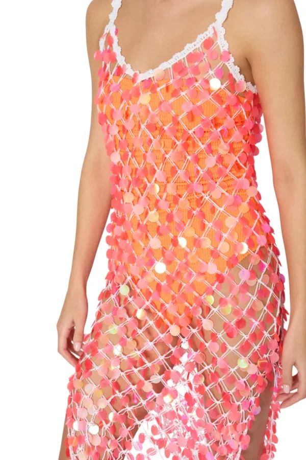 Best MILLY Sequin Crochet Midi Dress Pink/White