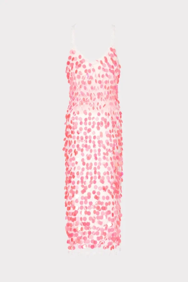 Best MILLY Sequin Crochet Midi Dress Pink/White