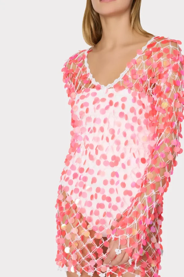 Cheap MILLY Sequin Crochet Mini Dress Pink/White