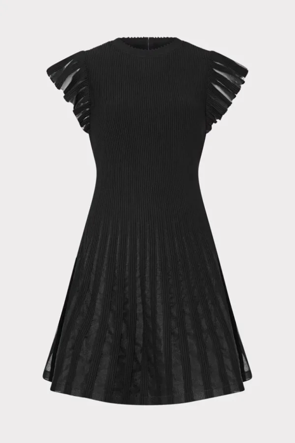 Shop MILLY Sheer Flutter Sleeve Knit Mini Dress Black