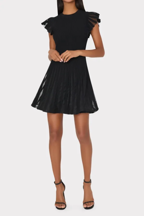 Shop MILLY Sheer Flutter Sleeve Knit Mini Dress Black