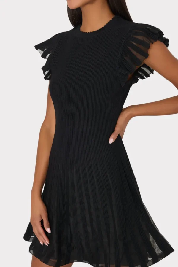 Shop MILLY Sheer Flutter Sleeve Knit Mini Dress Black