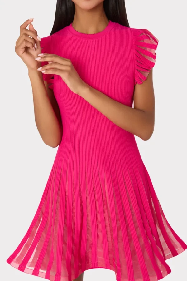 Fashion MILLY Sheer Flutter Sleeve Knit Mini Dress Pink