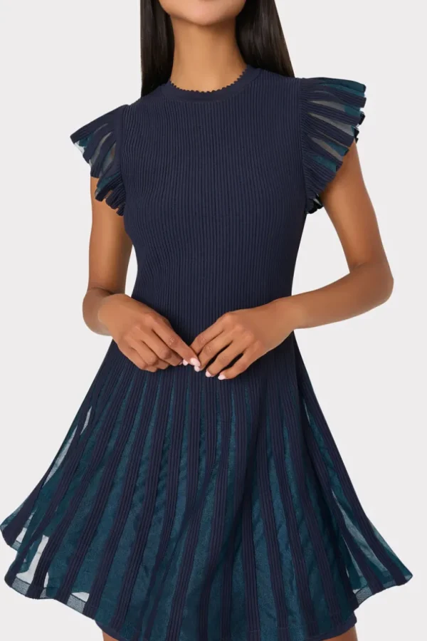 Clearance MILLY Sheer Flutter Sleeve Knit Mini Dress Navy
