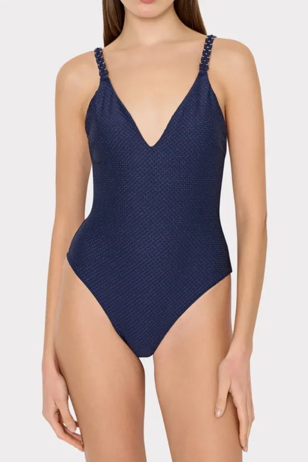 Discount MILLY Shimmer Texture Braided One Piece Navy