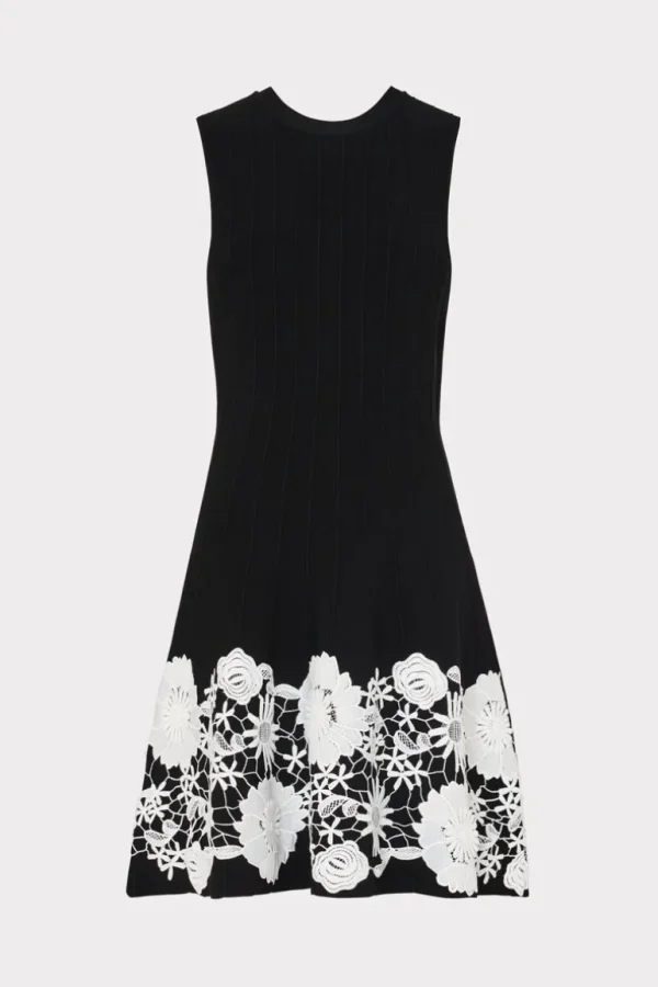 New MILLY Sleeveless Lace Trim Fit And Flare Dress Black/Ecru