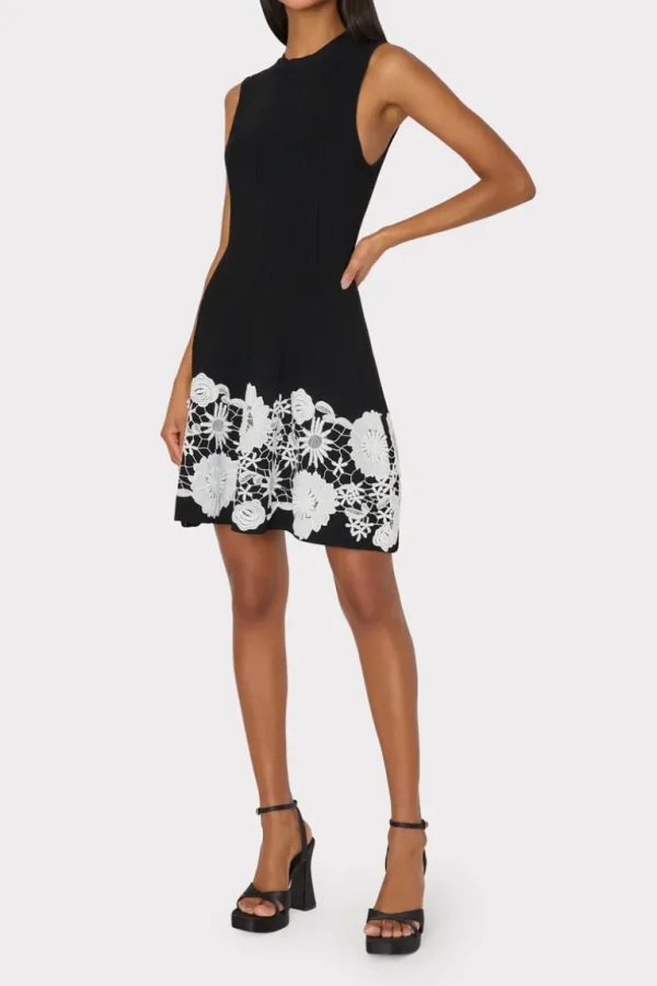 New MILLY Sleeveless Lace Trim Fit And Flare Dress Black/Ecru