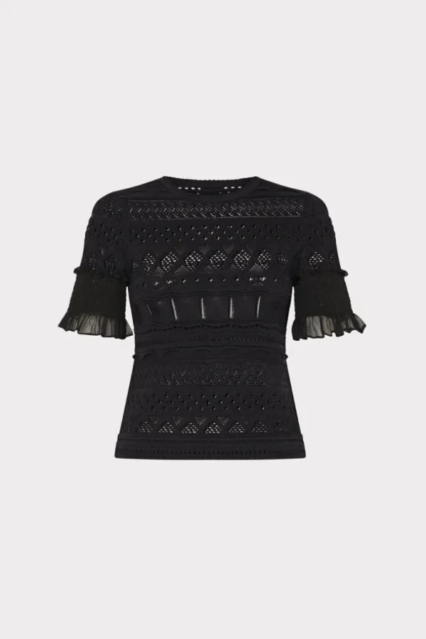 Store MILLY Smocked Finish Pointelle Top Black