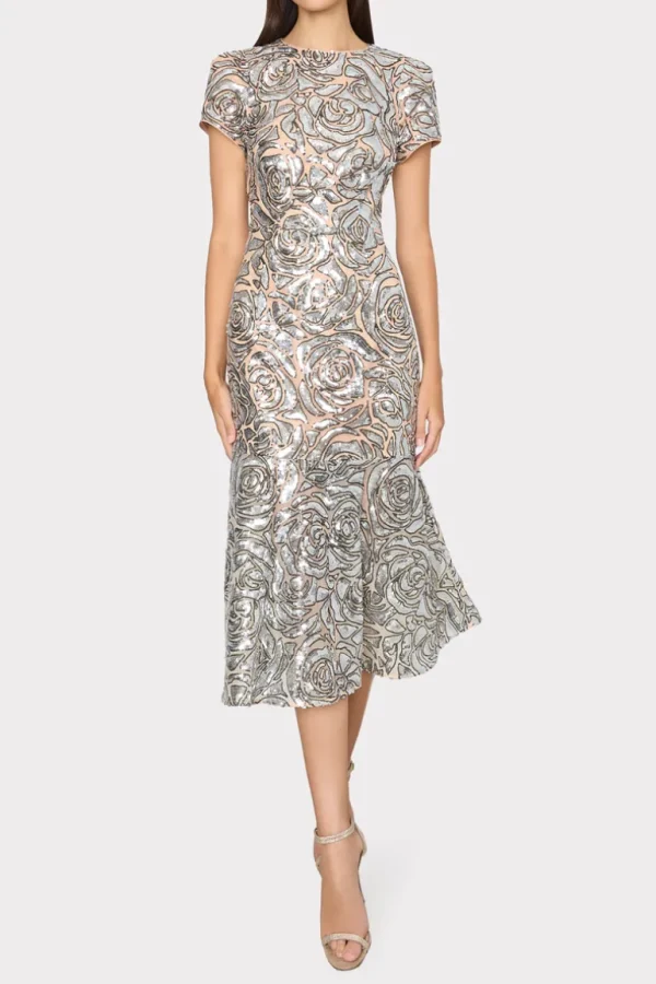 Online MILLY Tahlia Rose Sequins Midi Dress Silver