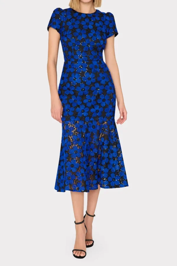 Outlet MILLY Tahlia Tulle Embroidery Dress Cobalt/Black